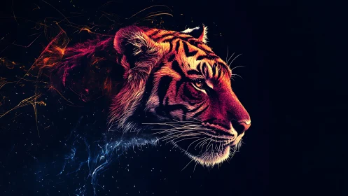 Neon-lit tiger profile rendered in high-contrast digital abstraction