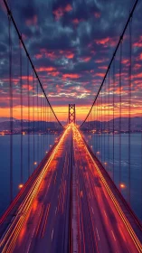 Suspension bridge roadway with evening traffic light trails.