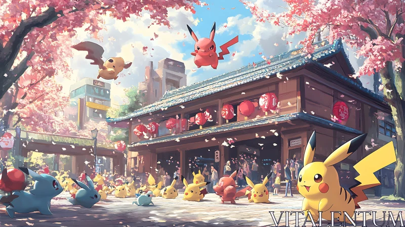 Pikachu parade under cherry blossoms in stylized Japanese street