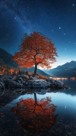 Scarlet lakeside tree mirrored under luminous night sky.