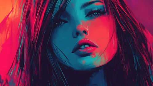 Neon-lit female portrait in bold cyan and magenta strokes.