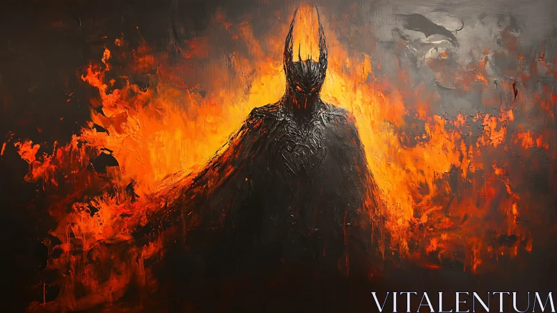 Silhouetted armored figure stands before textured flames