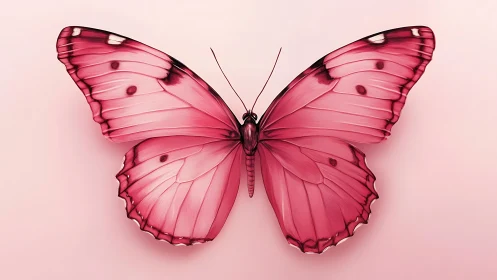 Pink butterfly spreads translucent wings on pastel field.
