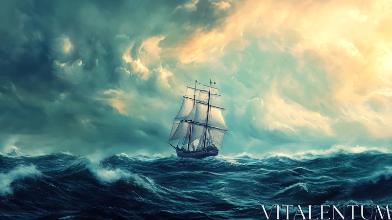 Storm-tossed tall ship under dramatic glowing sky at sea.