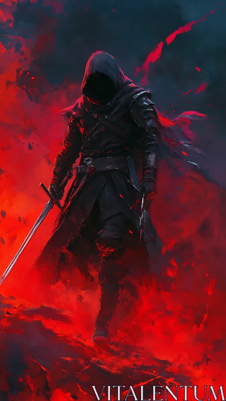 Hooded blade-wielder traversing incandescent infernal battlefield.