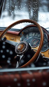 Classic car cockpit under cold winter rain mood.