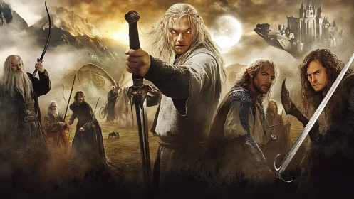 Fantasy warriors stand armed before mountains and fortress