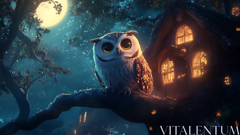 Digital painting of moonlit owl on branch beside glowing treehouse.