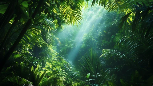 Tropical forest canopy with light rays penetrating dense vegetation
