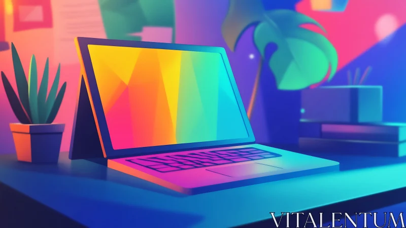 Neon laptop glows on colorful modern minimalist desk workspace