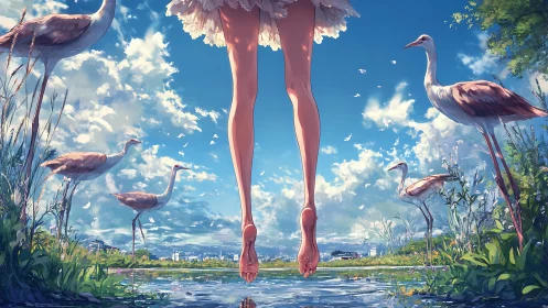 Girl levitating above wetland pond with cranes in anime style
