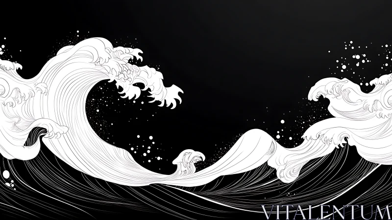 Vectorial monochrome wave dynamics with stylized crest topology.