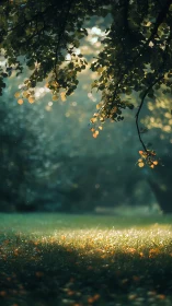 Golden hour foliage casts luminous bokeh across verdant meadow.