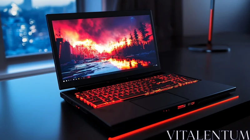 Gaming laptop with red backlight on sleek dark desk.