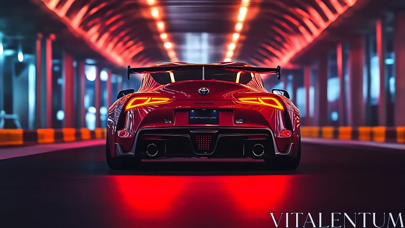 Rear view of red sports coupe in illuminated tunnel at night.