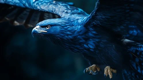 Majestic blue eagle in flight, hyper-realistic digital art style.