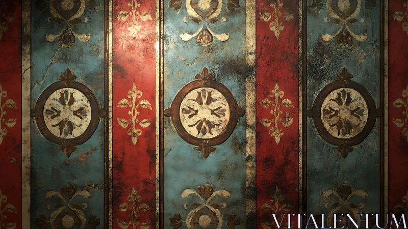 Aged baroque wall panels reveal distressed ornamental pattern