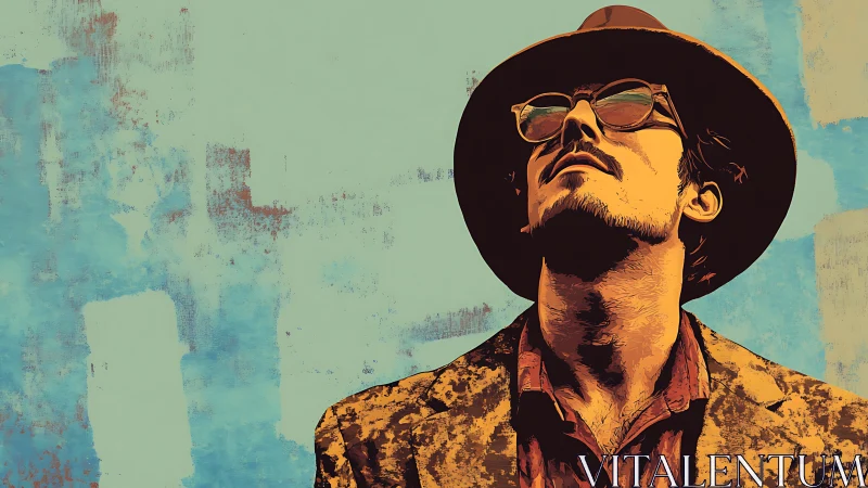 Man in hat and glasses looks upward against textured wall