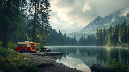 Lakeside forest camper frames misty alpine sunrise reflection.
