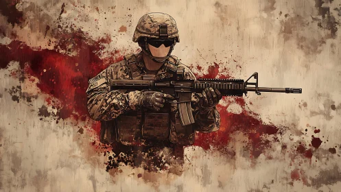 Battle-scarred soldier stands amid splattered crimson echoes.