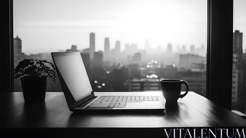 Monochrome laptop workspace against diffused urban skyline.