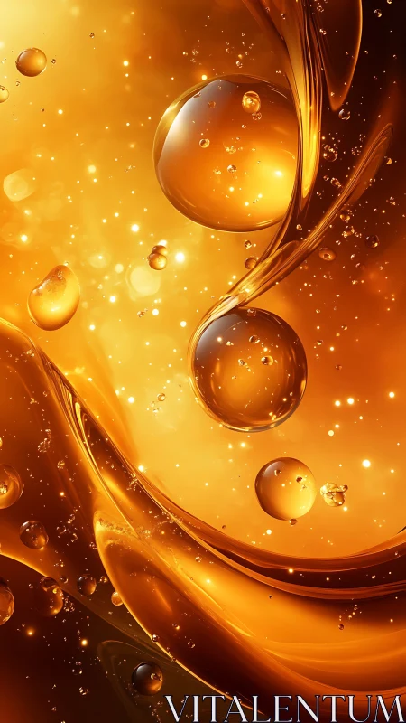 Golden oil droplets swirl through glowing abstract waves.