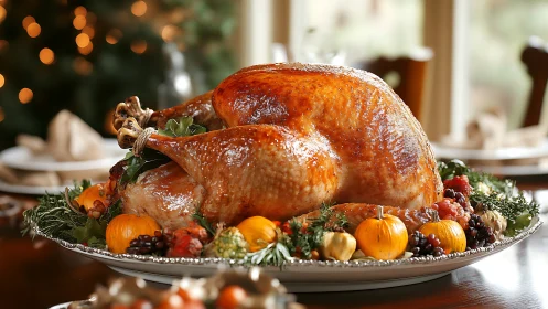 Golden roasted turkey anchors a richly garnished holiday table