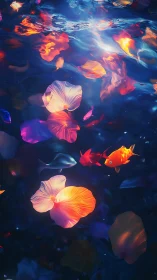 Bioluminescent aquatic organisms in darkened water environment.