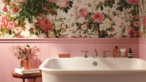 Bathroom interior with floral wallpaper and pink paneling.