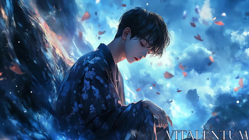 Dreamy sky-gazing boy wrapped in soft twilight blues.