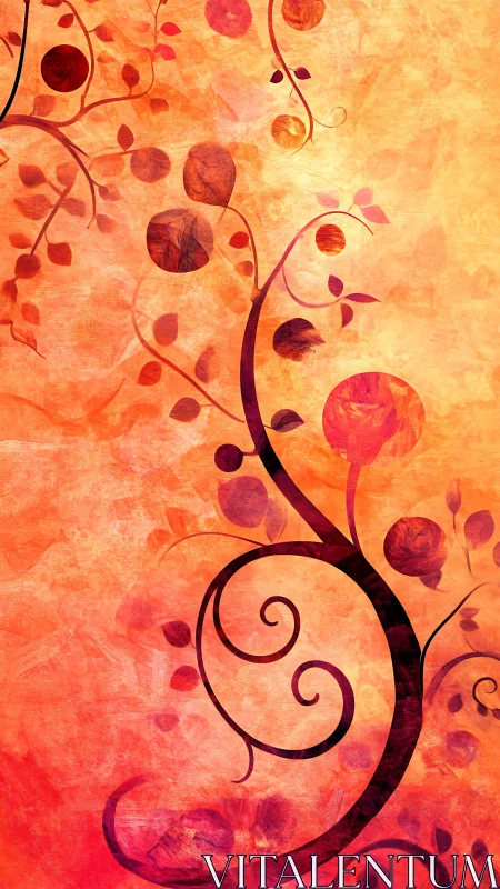 Floral vines curl upward across a warm abstract sunset