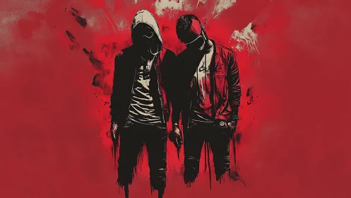 Dual hooded silhouettes in red-dominant graphic isolation.