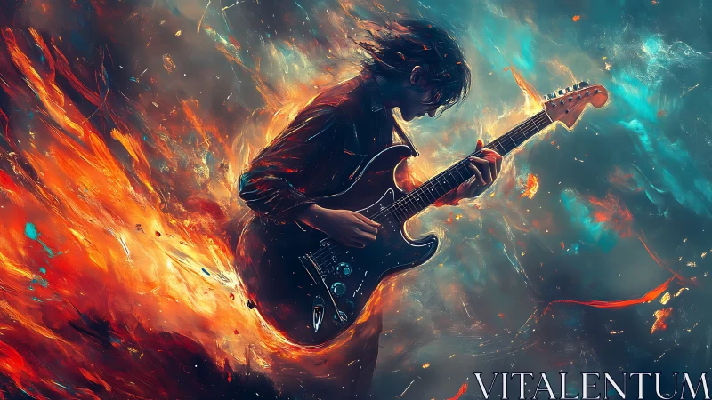 Guitarist figure integrated with dynamic fire and smoke field