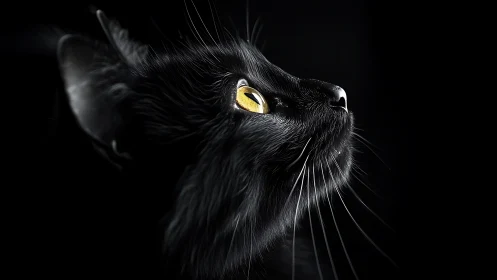 Black Cat with Luminous Yellow Eyes Against Dark Background.