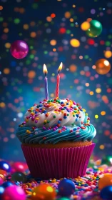 Vibrant birthday cupcake with dual candles and bokeh sphere backdrop.