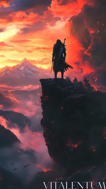 Lone cloaked warrior overlooks molten canyon at blazing sunset.