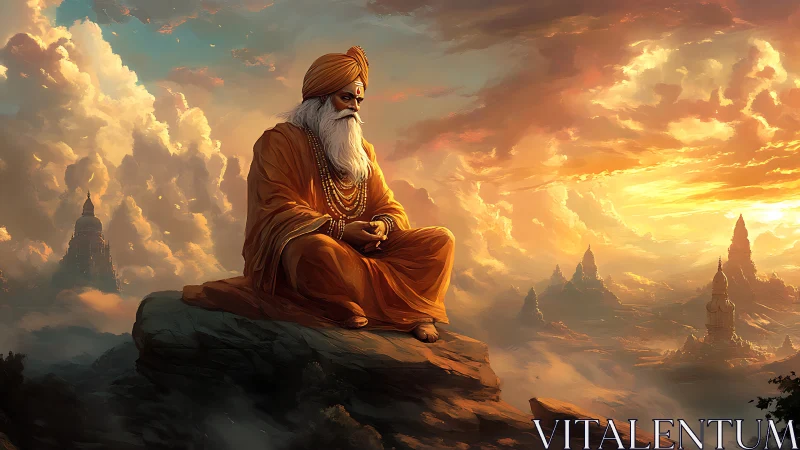 Monastic elder in chromatic dawn over mythic sandstone valley.