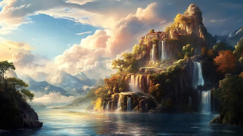 Waterfall citadel listens to sunrise spill across the sky