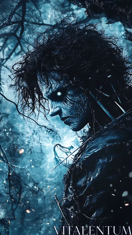 Dark forest entity with glowing eyes in icy blue light.