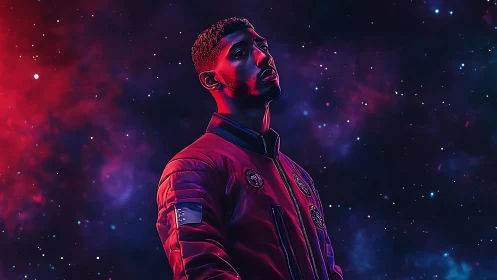 Stargazing astronaut in neon-lit cosmic nebula portrait.