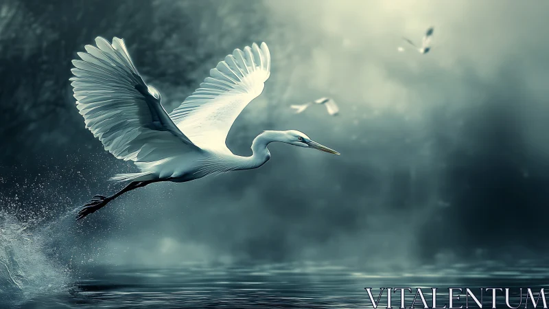 Elegant white heron takes flight over misty water, digital art style.