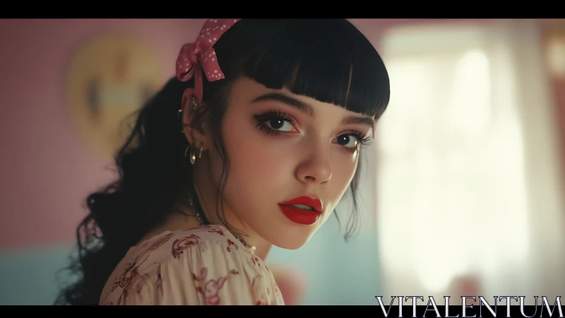 Retro-Styled Portrait with Polka Dot Bow and Red Lipstick.
