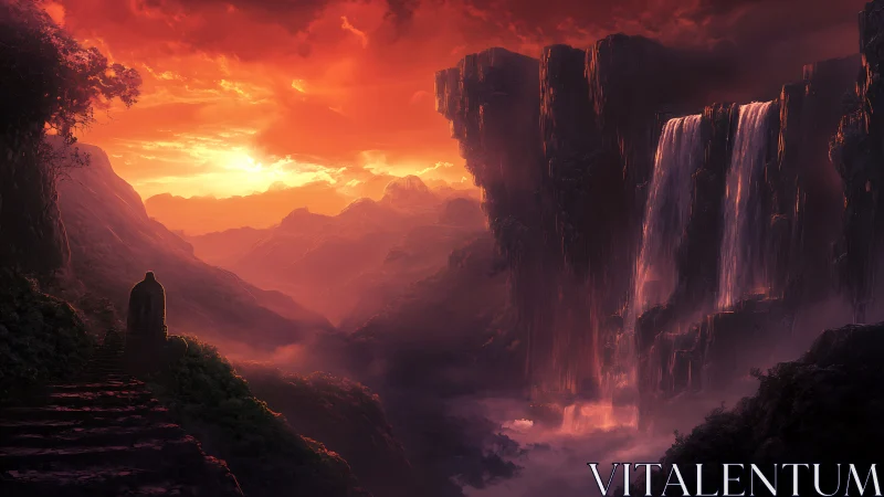 Crimson pilgrim path beside thunder-soaked skyfalls.