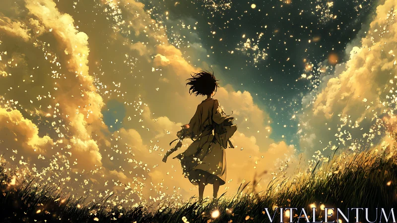 Dreamy evening wanderer under a sky of golden sparks.