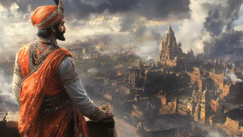 Regal ruler gazes proudly over a sunlit ancient kingdom