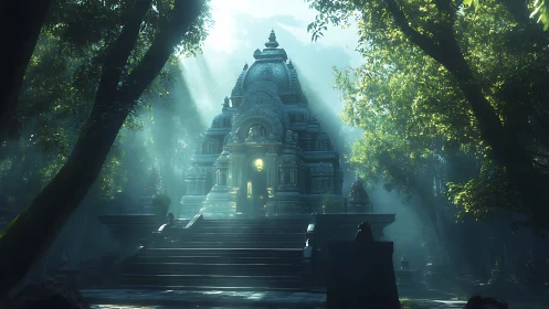 Sunlit stone temple rendered with volumetric forest god rays