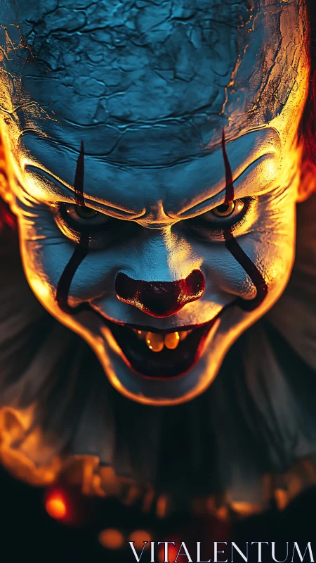 Grinning nightmare clown leans from the dark with molten light