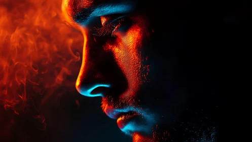 Cinematic male profile in dramatic orange blue rim light.