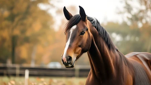 Autumn-burnished bay horse pausing mid-gaze in soft light.