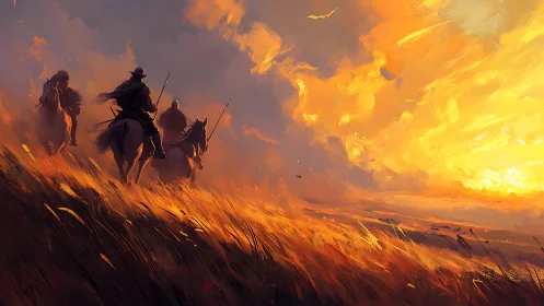 Riders in warm sunset light crossing windswept golden plains.